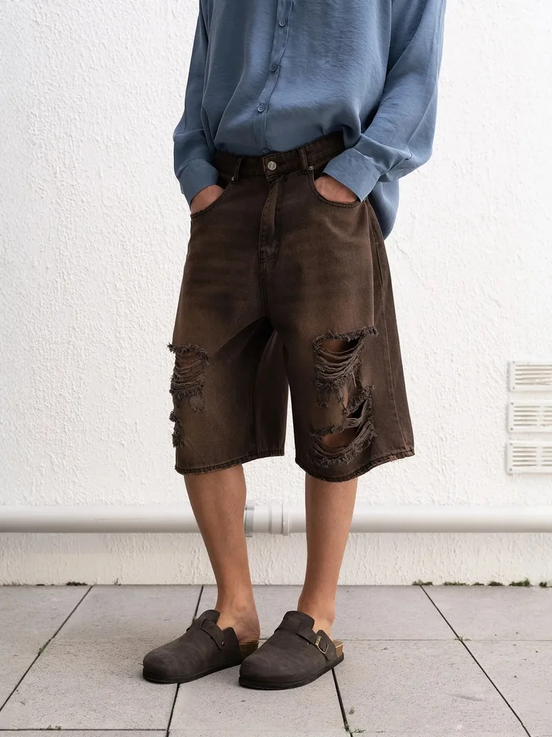 Giesto Coffee Brown GIESTO Destroyed Denim Shorts for Men | Best Price UAE